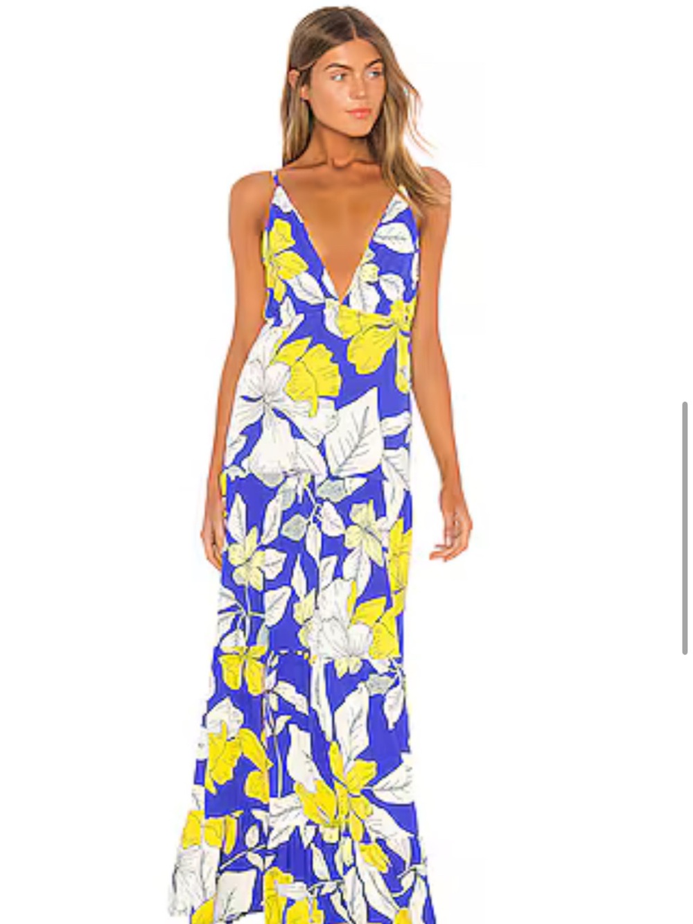 Maaji Long Dress - Floral Deep V Maxi Dress in Periwinkle Blue and Yellow